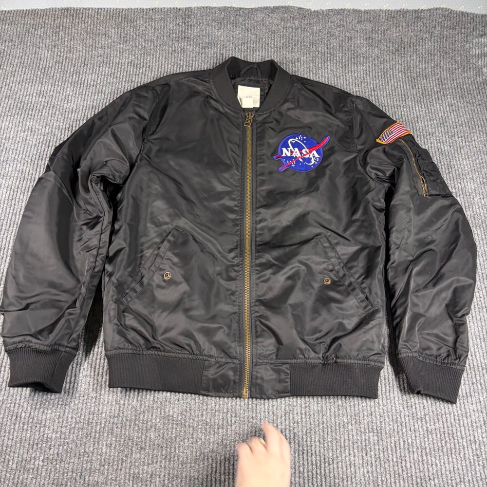 HM Jacket Mens M NASA Bomber Black Full Zip Flight Jacket L.O.G.G. Patch